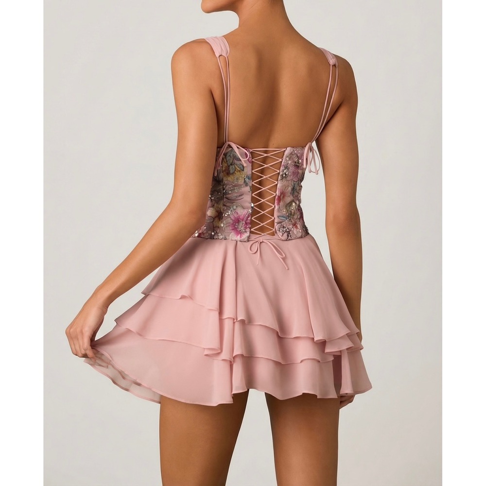 Oh Polly Pink Floral Embroidered Corset Mini Dress Tiered Ruffle Skirt US 10 NWT - Picture 3 of 11